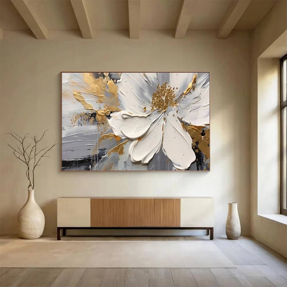 White Handmade Hand-painted Gray Gold Accents Abstract Wall Art 54KQN